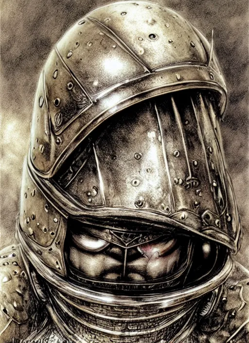 Image similar to toad sits in a knight's helmet, engraving, concept art, illustration, smooth, sharp focus, by luis royo