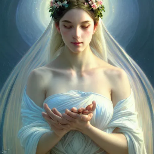 Image similar to perfectly detailed goddess princess of white roses!! blessed by nature with ever - increasing physical mental perfection, intricate, highly detailed, biblical divine holy perfection!! digital painting, artstation, concept art, smooth, sharp focus, illustration, art by artgerm and greg rutkowski and alphonse mucha