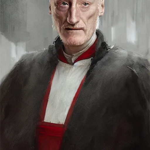 Image similar to portrait of a man by greg rutkowski, he looks like charles dance, star wars expanded universe, he is about 7 0 years old, wearing white and red chancellor clothes of the galactic triunvirate.