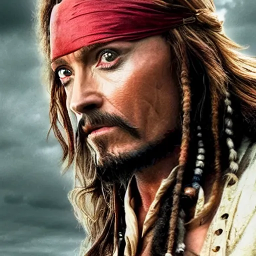 Image similar to A still of Hugh Jackman as Jack Sparrow. Extremely detailed. Beautiful. 4K. Award winning.