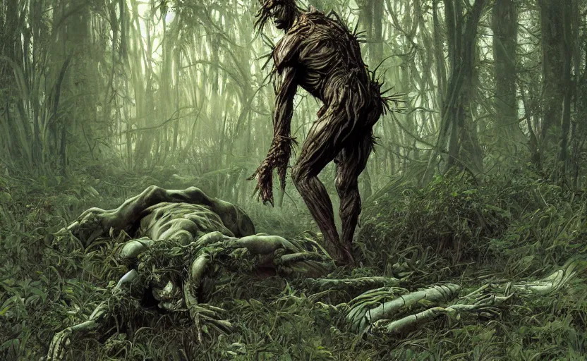 Image similar to digital painting of side view of swampthing walking in ovni crash site on swamp wasteland, extraterrestrial body parts on the floor, forest, moss, elegant artwork by lee bermejo and greg rutkowski and alphonse mucha