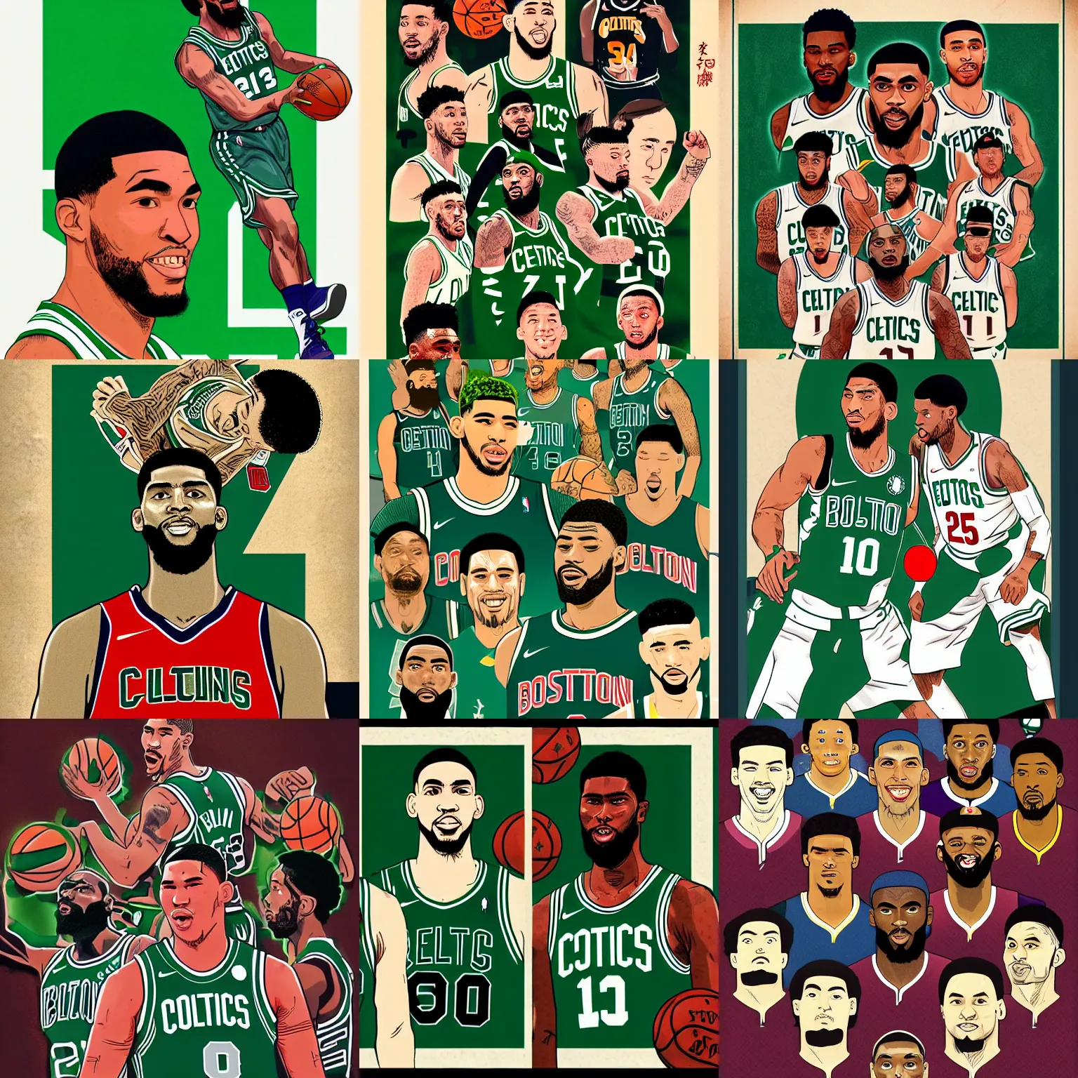 Prompt: ukiyo-e portrait of the Boston Celtics, Jayson Tatum, Jaylen Brown, Larry Bird, Bill Russell, digital art, trending on artstation