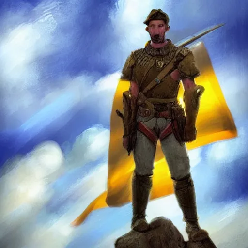 Image similar to a full body shot from distance of a great soldier with a yellow and blue flag standing in the beam of light from the clouds in a triumph after battle, western, masculine figure, D&D, fantasy, intricate, elegant, highly detailed, digital painting, artstation, concept art, matte, sharp focus, symmetrical, illustration, art by Artgerm and Greg Rutkowski and Alphonse Mucha