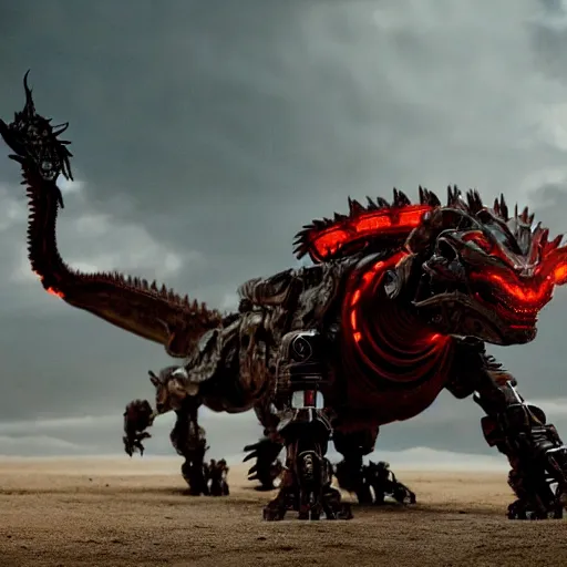 Prompt: cinematic still of westworld, a full body red stunning intricate si - fi robotic fantasy dragon, well armored mech dragon, highly detailed