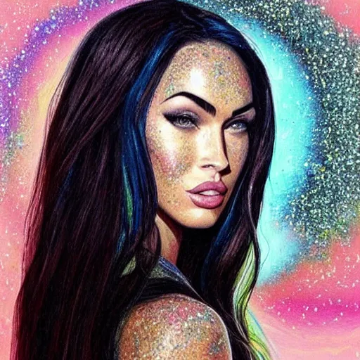 Image similar to “Megan Fox glitter paints paintings, ultra detailed portrait, 4k resolution”