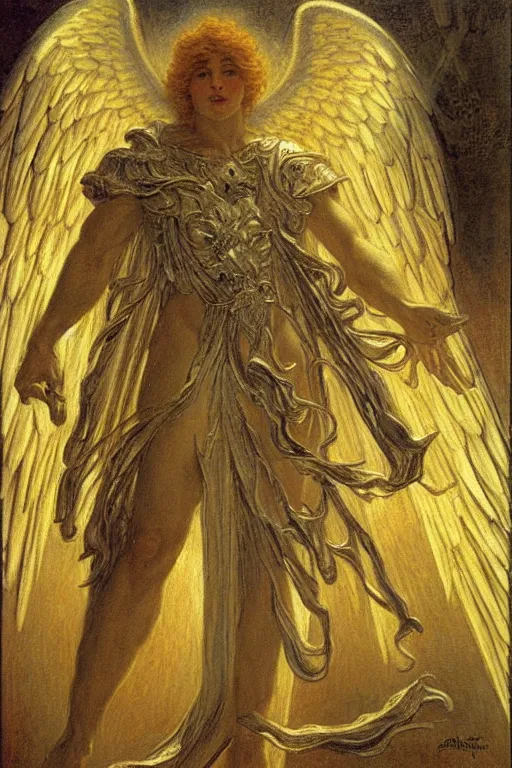 Prompt: a painting of archangel michael by gustav moreau, jean delville and  Gaston Bussiere