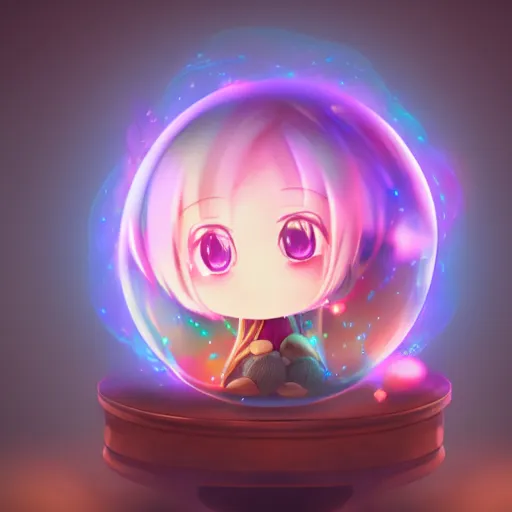 Image similar to cute fumo plush girl gazing into a crystal ball swirling with strange energy, smoke and volumetric fog, witch girl, soothsayer, lens flare glow, chibi anime, vray