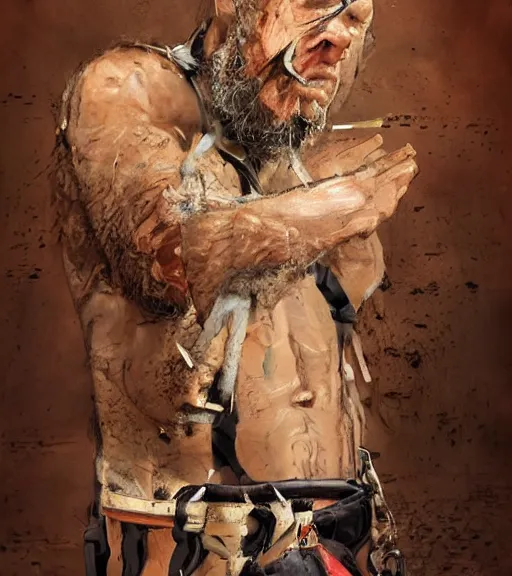 Prompt: scene of muscular, tired and alcoholic 3 0 - year - old grieving man with short darkblonde hair, serious sad look in his eyes, looking down, dirty beard, blue eyes, jumping from plane, wearing dirty soldier uniform, on the desert, sad atmosphere, hyper realistic face, character art, art by mark brooks, cryengine, trending on artstation, digital art