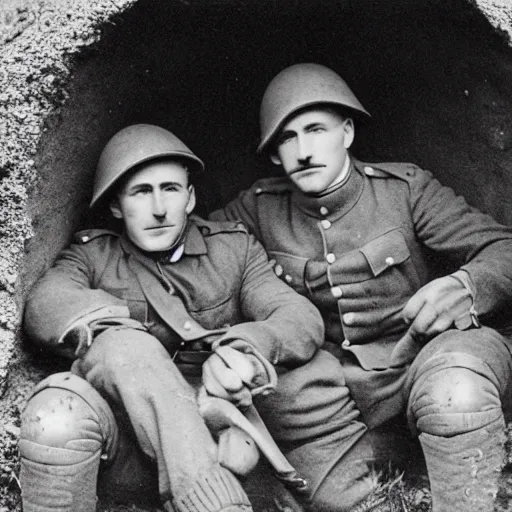 Prompt: 1910s black and white photograph of two world war one soldiers huddled in a bunker together, WWI, black and white