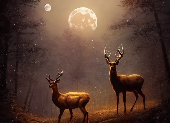 Image similar to giant deer with golden antlers, moonlight, art by artgerm and greg rutkowski, cinematic shot, intricate, photorealistic, artstation, realistic, 1 0 0 mm, photography, octane, high definition, depth of field, bokeh, 8 k