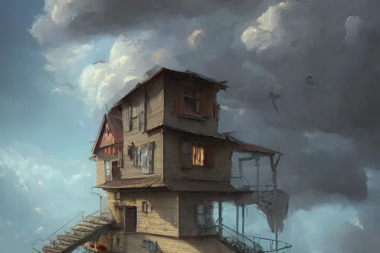 Prompt: A hyperdetailed digital oil painting of a house in the clouds,ladder, by greg rutkowski,cartoon, Trending on ArtStation and DeviantArt