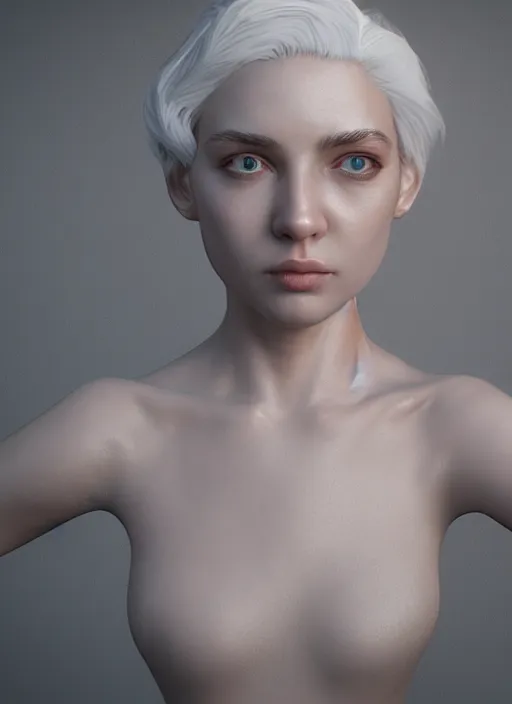 Image similar to 3 d render, hyper detailed, realistic female face and shoulders, white skin made from painted porcelain, white hair, fine facial features, white eyes and eyelashes, 8 k, 1 5 0 ml lens, elegant, white background pastel blue lighting, octane render, volumetric lighting,