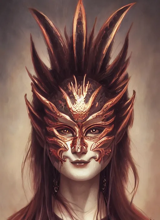 Image similar to a beautiful detailed oil on copper art illustration of a japanese kokushikijo mask devil woman, centered, by charlie bowater, zeng fanzh, trending on artstation, dim dusk lighting, cinematic lighting, detailed lighting, volumetric lighting, realistic, f 8, 4 k hd wallpaper