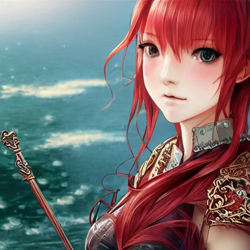 Image similar to a red haired female knight as an absurdly beautiful, elegant, young sensual anime girl, river in background, ultrafine hyperrealistic detailed face illustration by kim jung gi, irakli nadar, intricate linework, sharp focus, bright colors, matte, octopath traveler, final fantasy, unreal engine highly rendered, global illumination, radiant light, intricate environment