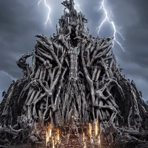 Prompt: giant throne of bones, very very very tall, wide angel shot from below, legendary, dramatic lightning, insane detailed, epic, movie poster, photorealistic, 8k, octane render -ar 16:9 H 1024