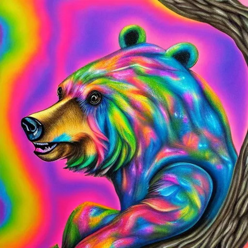 Image similar to a painting of a bear in a tree, an airbrush painting by lisa frank, trending on deviantart, psychedelic art, detailed painting, airbrush art, acrylic art