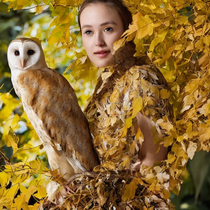 Prompt: portrait photograph of an extremely beautiful!!!! young female , symmetric face!, symmetric round detailed eyes!!, slight smile, natural light, wearing a yellow kimono!! with a very detailed barn owl! on her shoulder in a tropical greenhouse. looking at the camera!!. golden crown made of golden leaves. super resolution. Extremely detailed. Graflex camera!, bokeh!!!!!.