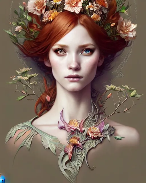 Image similar to Beautiful and playful ethereal ginger portrait having lunch, art nouveau, fantasy, intricate flower designs, elegant, highly detailed, sharp focus, art by Artgerm and Greg Rutkowski and WLOP