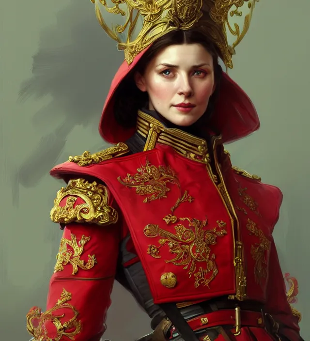 Image similar to portrait of a russian woman wearing a red traditional nineteenth century military jacket, metal shoulder pauldrons, intricate, highly detailed, digital painting, artstation, concept art, sharp focus, cinematic lighting, illustration, art by artgerm and greg rutkowski, alphonse mucha, cgsociety