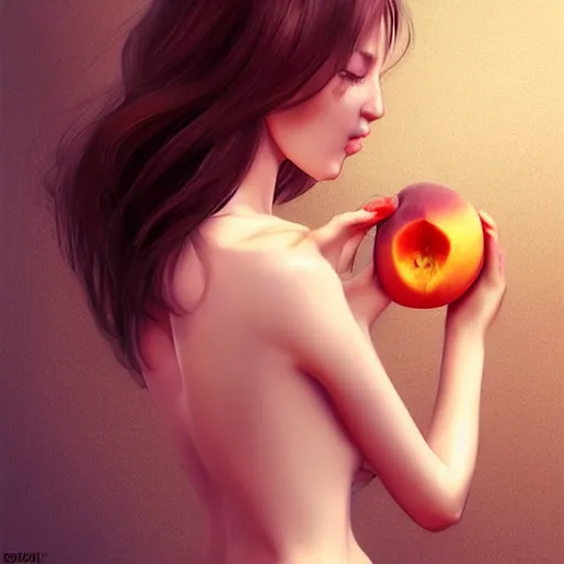 Image similar to Beautiful clothed woman holding a peach, seen from the rear, detailed digital art by WLOP and Artgerm