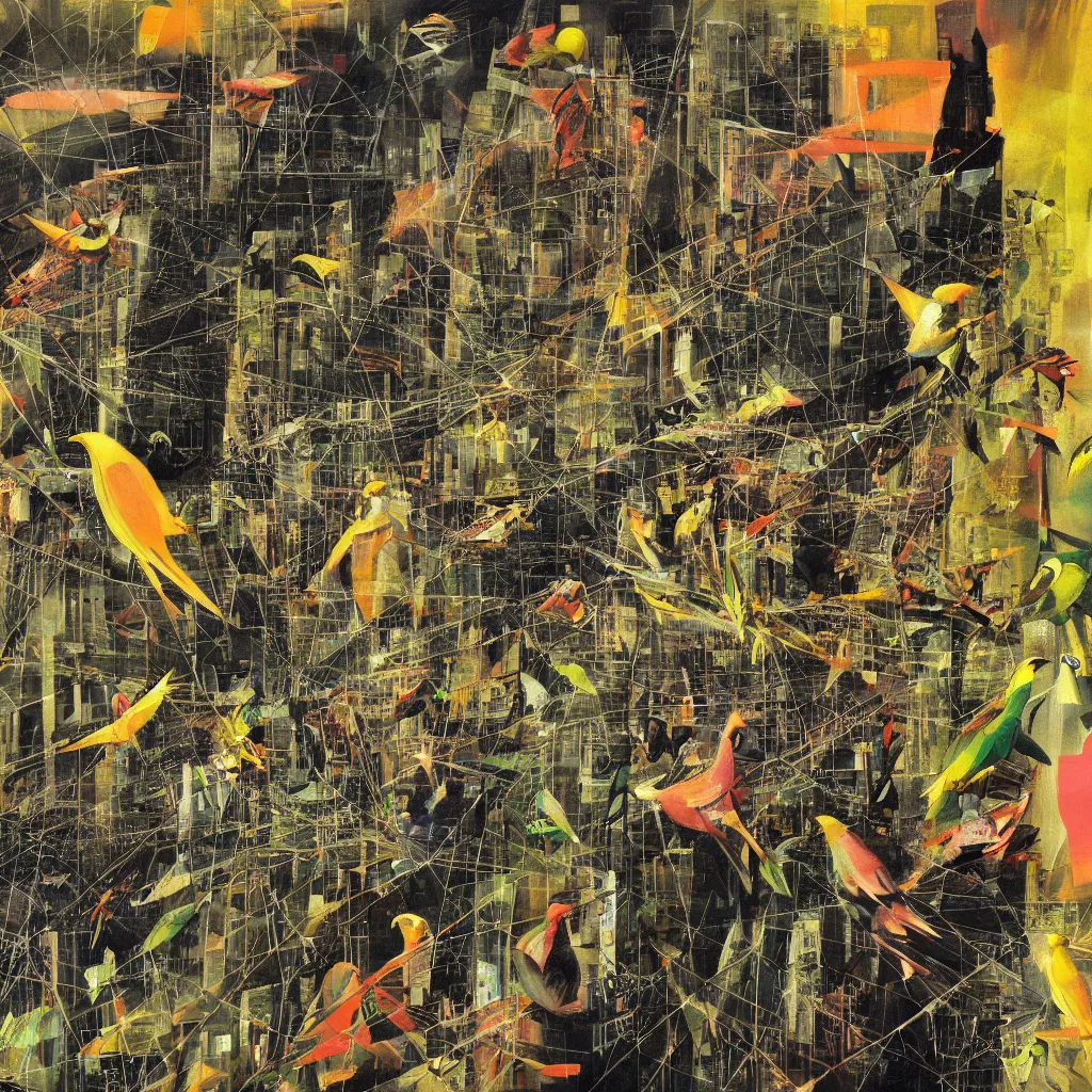 Prompt: digital birds fly over a progressively rasterized city of neon virtual networks and information visualization, oil on canvas by dave mckean and roberto matta