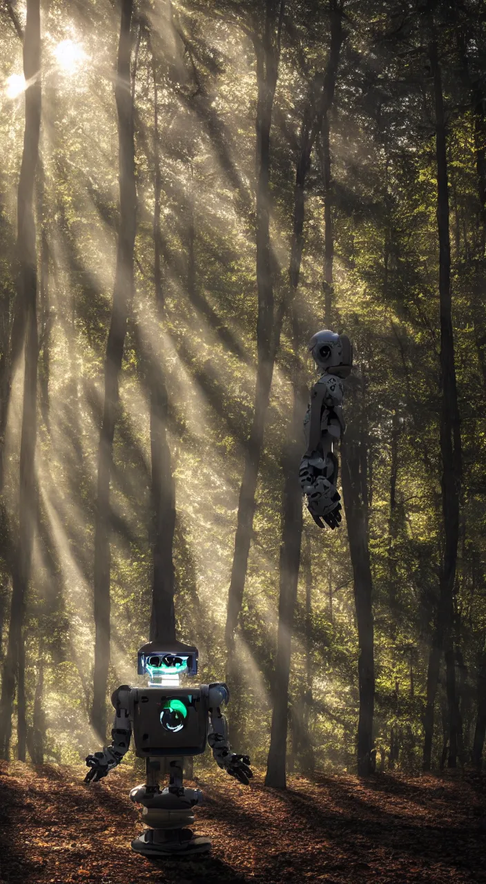 Image similar to a robot portrait in a movie, forest, cinematic shot, sun beams