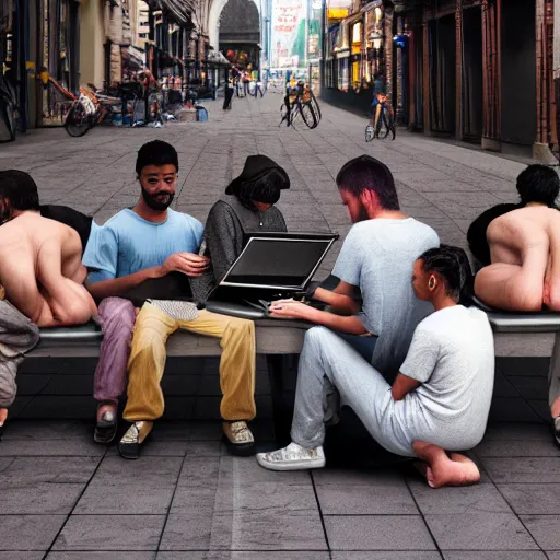 Image similar to a group of realistic bums using laptops near on street, highly detailed, intricate, sharp focus, digital art, 8 k