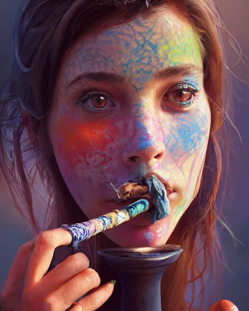 Image similar to portrait of a brunette in tie - dye, smoking a vintage tobacco pipe | highly detailed | very intricate | symmetrical | professional model | cinematic lighting | award - winning | painted by mandy jurgens and jesper elsing and rhads and tyler edlin | pan futurism, dystopian, bold colors, cyberpunk, anime aesthestic | featured on artstation