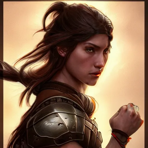 Prompt: “Tomboy Athletic Muscular woman student with dark long hair and rounded features, wears leather armor, D&D, fantasy, intricate, cinematic lighting, highly detailed, digital painting, artstation, concept art, smooth, sharp focus, illustration, art by Artgerm and Greg Rutkowski and Alphonse Mucha, picture from the waist up”