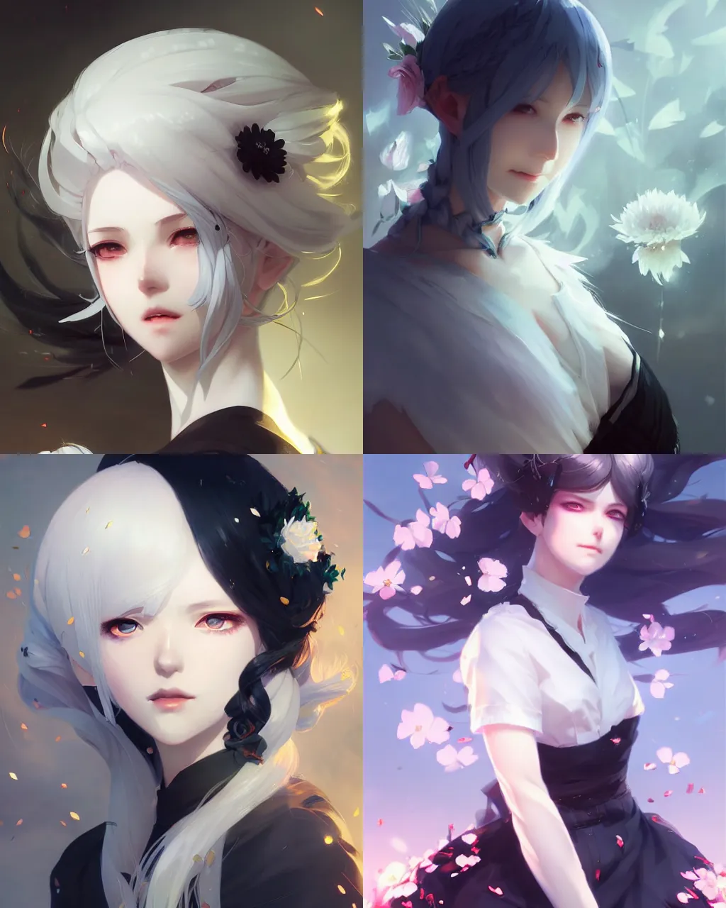 Prompt: a girl with white hair and black skirt, flower decoration on the background, a beautiful half body illustration, top lighting, perfect shadow, soft painting, art by hidari and krenz cushart and wenjun lin