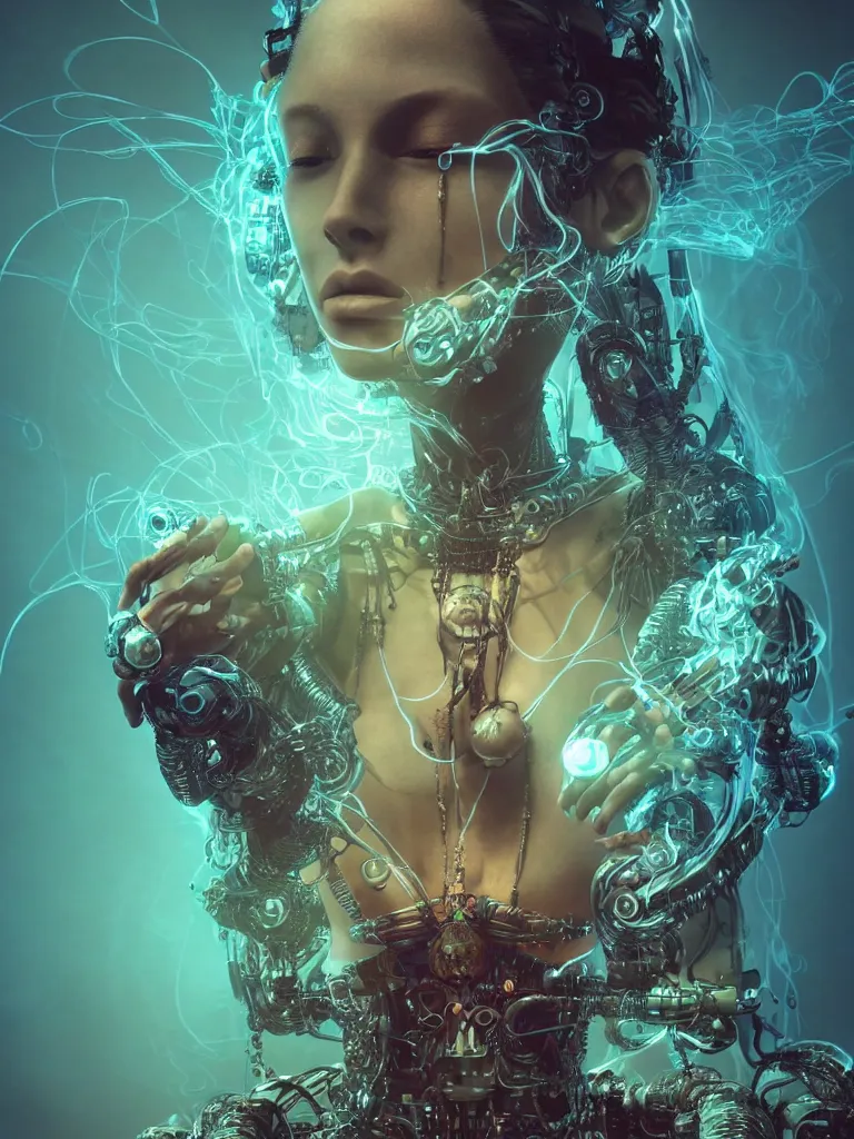 Image similar to an ancient mystical alluring female shaman generating flowing energy and surrounded by wisps of incense smoke sits meditating in a magical cybernetic robot temple, face, by vitaly bulgarov and roberto ferri, 3 d, cinema 4 d render, trending on artstation