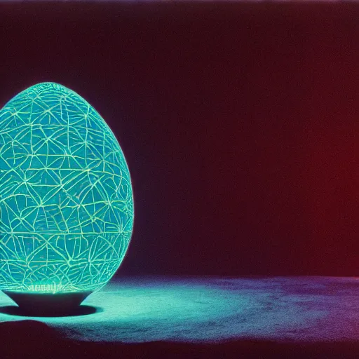 Image similar to annie liebowitz portrait of a plasma energy tron dinosaur egg in the shape of a random geometric shape, made up of glowing electric plates and patterns. cinestill