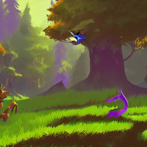 Prompt: Spyro the Dragon in a large forest, Breath of the Wild styled, digital art, highly detailed