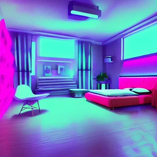 Image similar to a neon lofi bedroom, digital art