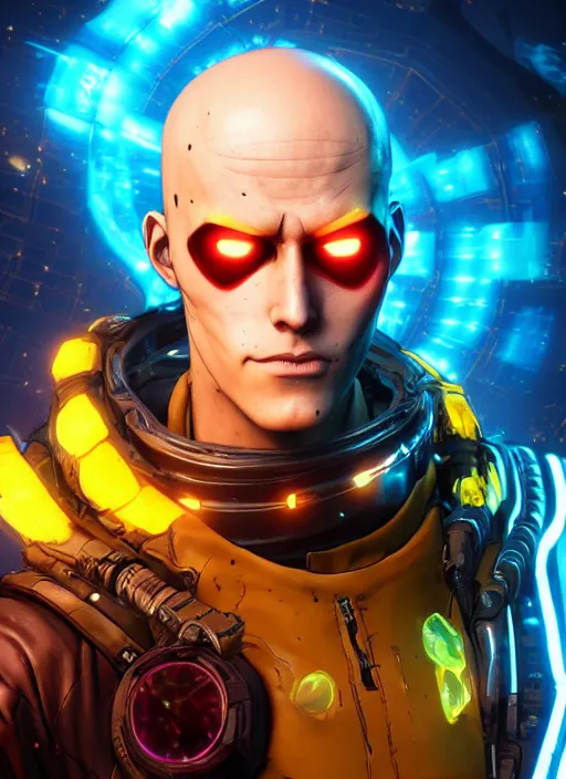 Image similar to glowwave portrait of saitama from borderlands 3, au naturel, hyper detailed, digital art, trending in artstation, cinematic lighting, studio quality, smooth render, unreal engine 5 rendered, octane rendered, art style by klimt and nixeu and ian sprigger and wlop and krenz cushart.