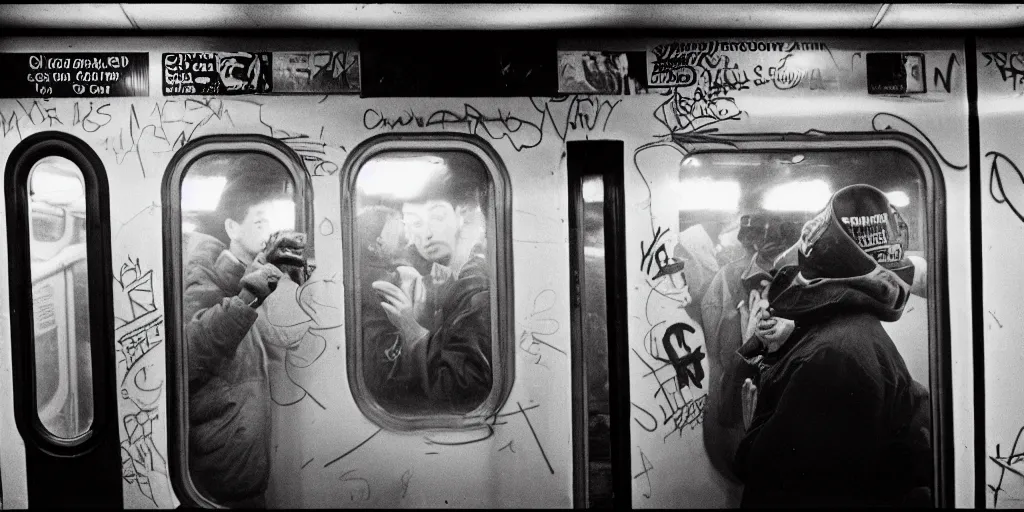 Prompt: new york subway cabin 1 9 8 0 s inside all in graffiti, man in carhartt jacket closeup, policeman closeup, film photography, exposed b & w photography, christopher morris photography, bruce davidson photography