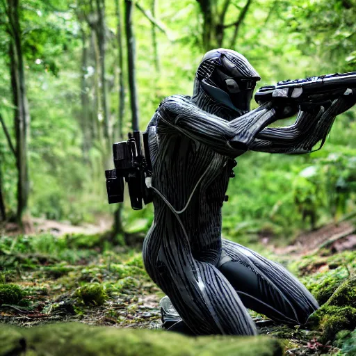 Image similar to close up Crysis Nanosuit shooting at enemies in a jungle combat photography 2022, Canon EOS R3, f/1.4, ISO 200, 1/160s, 8K, RAW, unedited, in-frame,