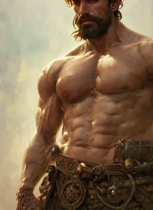 Image similar to Portrait of a rugged warrior, male, man, D&D, muscular, bare thighs, fantasy, intricate, elegant, highly detailed, digital painting, artstation, concept art, smooth, sharp focus, illustration, art by artgerm and greg rutkowski and alphonse mucha