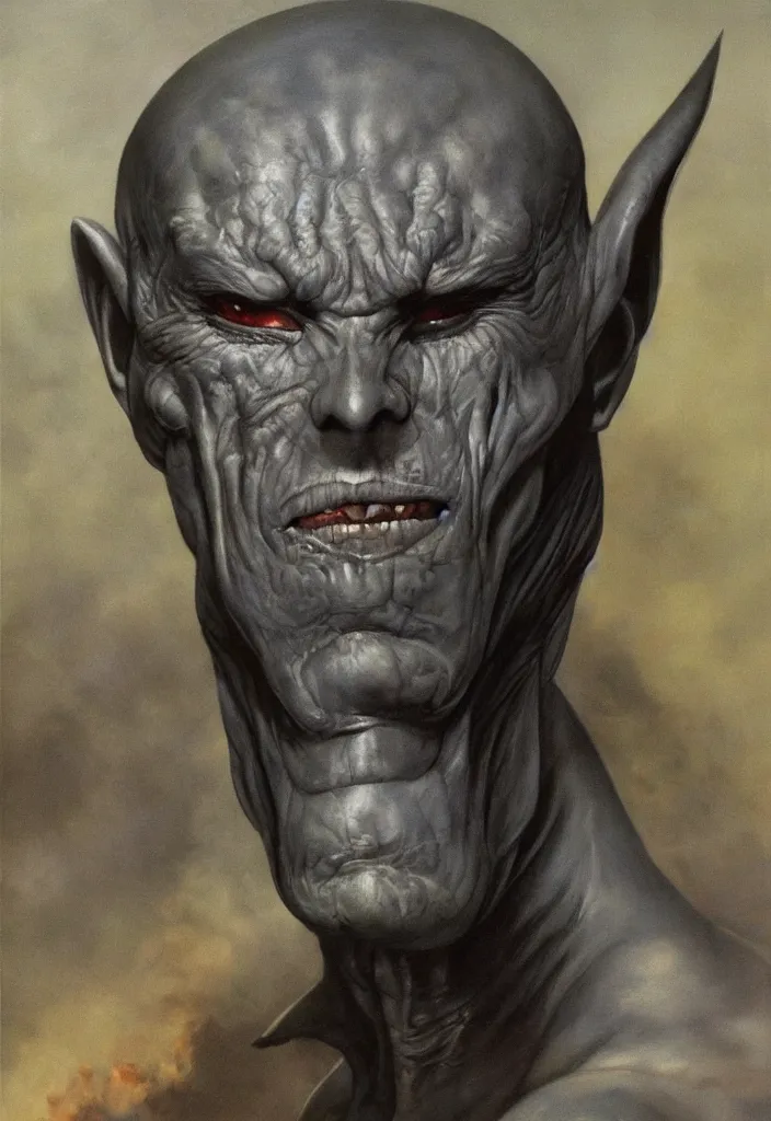 Prompt: ultra realistic portrait painting of the gray alien leader in military captivity from zeta reticuli, art by frank frazetta, 4 k, ultra realistic, highly detailed, epic lighting