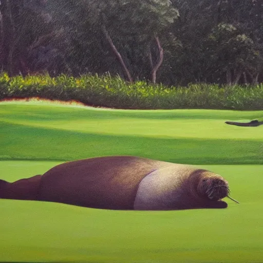 Prompt: a painting of a walrus lying on a golf course,