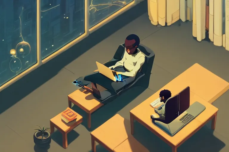 Image similar to a young black man sitting on a sofa working on a laptop, wide angle shot from above, golden curve composition, animation portrait concept art, style of makoto shinkai, xision, james jean and peter mohrbacher, studio ghibli, artgerm, karol bak, dan mumford, 4 k hd, animation style