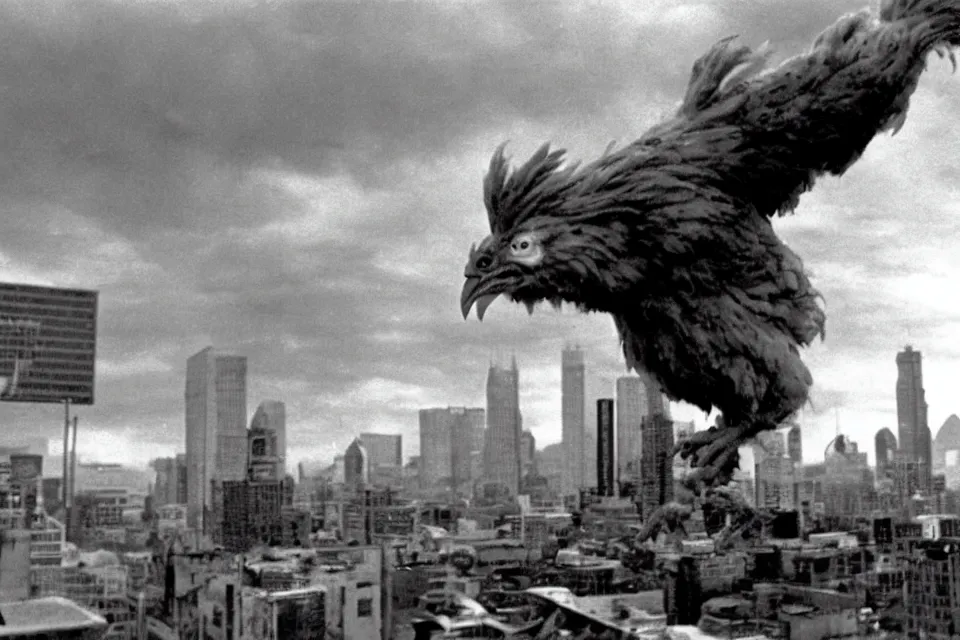 Image similar to still image taken from sci fi horror movie of a giant chicken and monster attacking a city. low camera angle. 1 9 6 0.