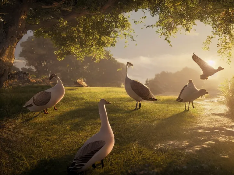 Prompt: geese dreaming of a place where love conquers all, 8 k, ultra realistic, lens flare, atmosphere, glow, detailed, intricate, full of colour, cinematic lighting, trending on artstation, 4 k, hyperrealistic, focused, extreme details, unreal engine 5, cinematic, masterpiece