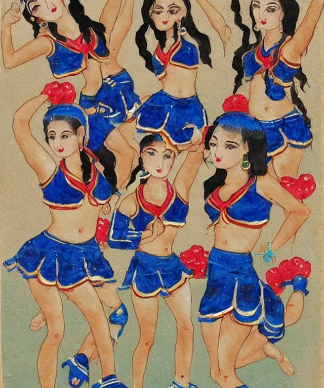 Prompt: a persian miniature painting, cute cheerleaders dancing, shorts, ultra sharp, extra details, ultra high quality, trending on pinteresst