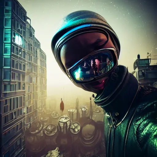 Image similar to stylish Сyberpunk style selfie in a crowded city on another planet, Neo Norilsk, New Kyiv, sci-fi, fantasy, intricate, very very beautiful, elegant, highly detailed, smooth, photorealistic, cinematic, Unreal Engine 5, sharp focus, by Evgeny Zubkov, by Marat Zakirov, trending on Behance