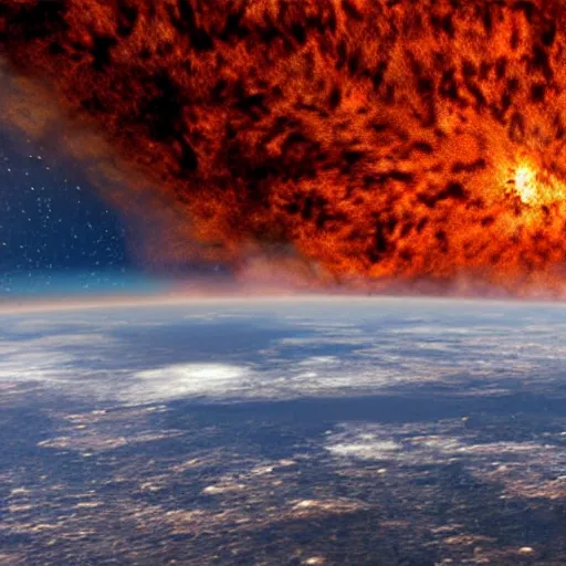 Image similar to fiery meteorite crashing into an active volcano, artist's impression