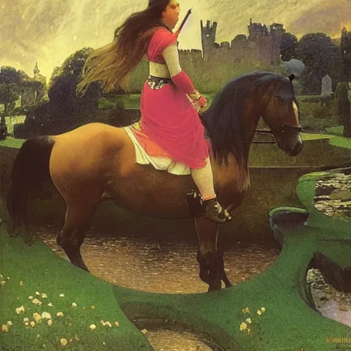 Prompt: Girl riding a horse leaving the castle through the bridge, thunderstorm, french garden on the background major arcana sky, by paul delaroche, alphonse mucha and arnold böcklin arnold böcklin hyperrealistic 8k, very detailed