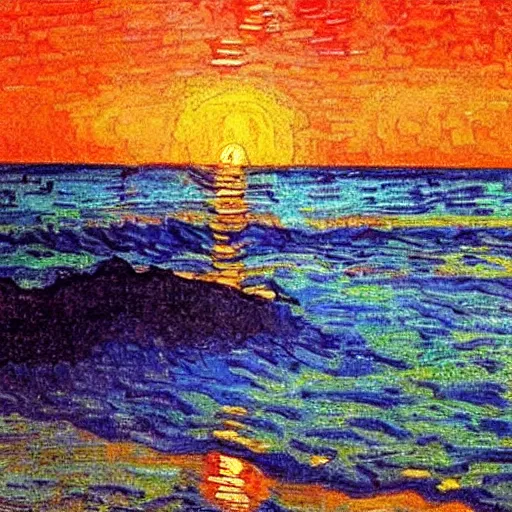 Prompt: a beautiful sunset in a yucatan beach by van gogh