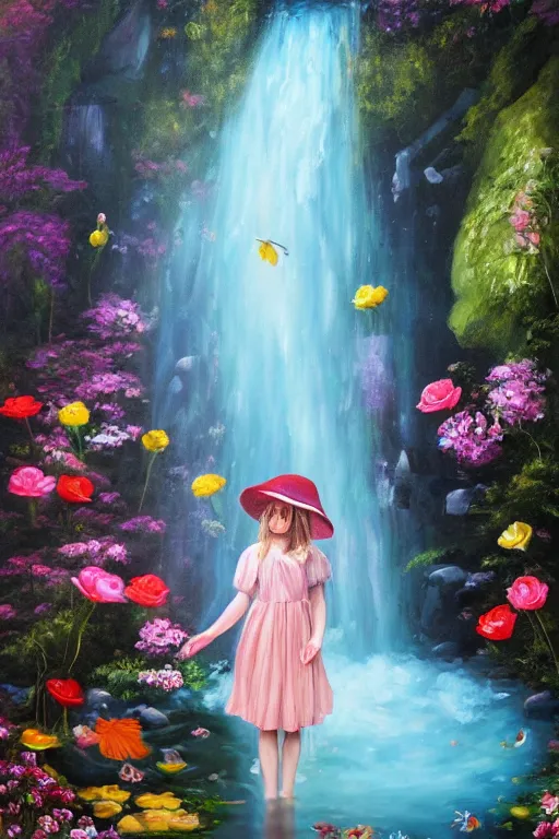 Image similar to oil painting, romanticism, girl in flower hat, waterfall cave, fresh flower dress, roses, lilies, water drops, overhead light, japanese carp, 4 k, 8 k