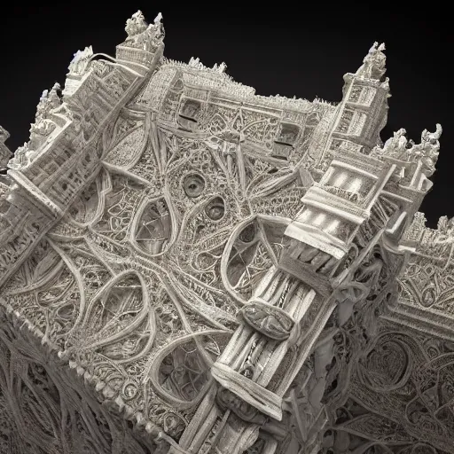 Image similar to beautiful hyperrealistic 3 d render of a delicate ivory sculpture of an ornate detailed cathedral populated by mandelbrot fractals by android jones, micro detail, unreal engine, dramatic lighting, psychedelic, octane renderer, catholicpunk, glowing, white color scheme, photorealistic, physically based rendering, angelic, hyper detailed, colorful, carved soap, trending on cgsociety